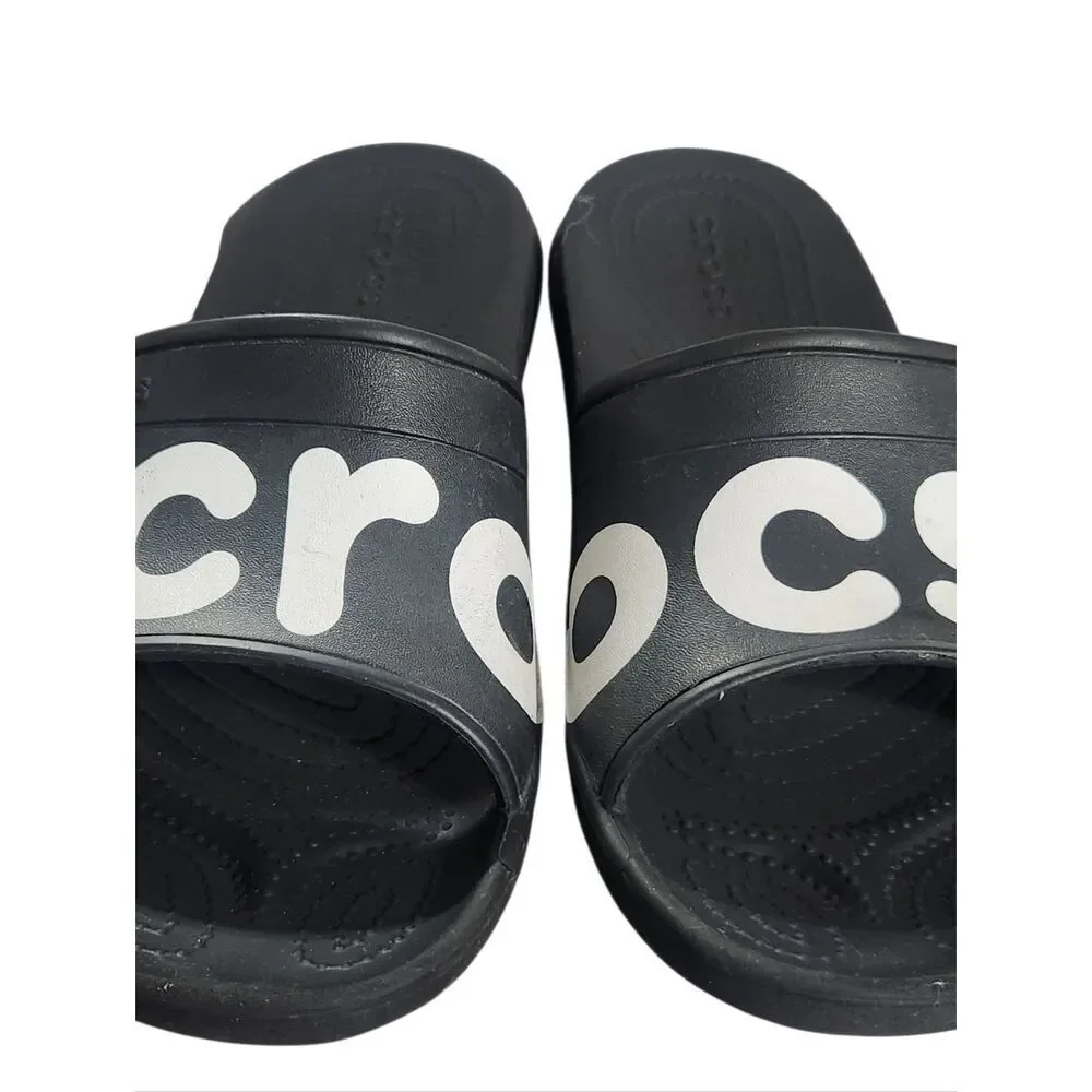 Crocs Black Slides Iconic Classic Sandals Graphic Spell Out Mens 11 Black Unisex
